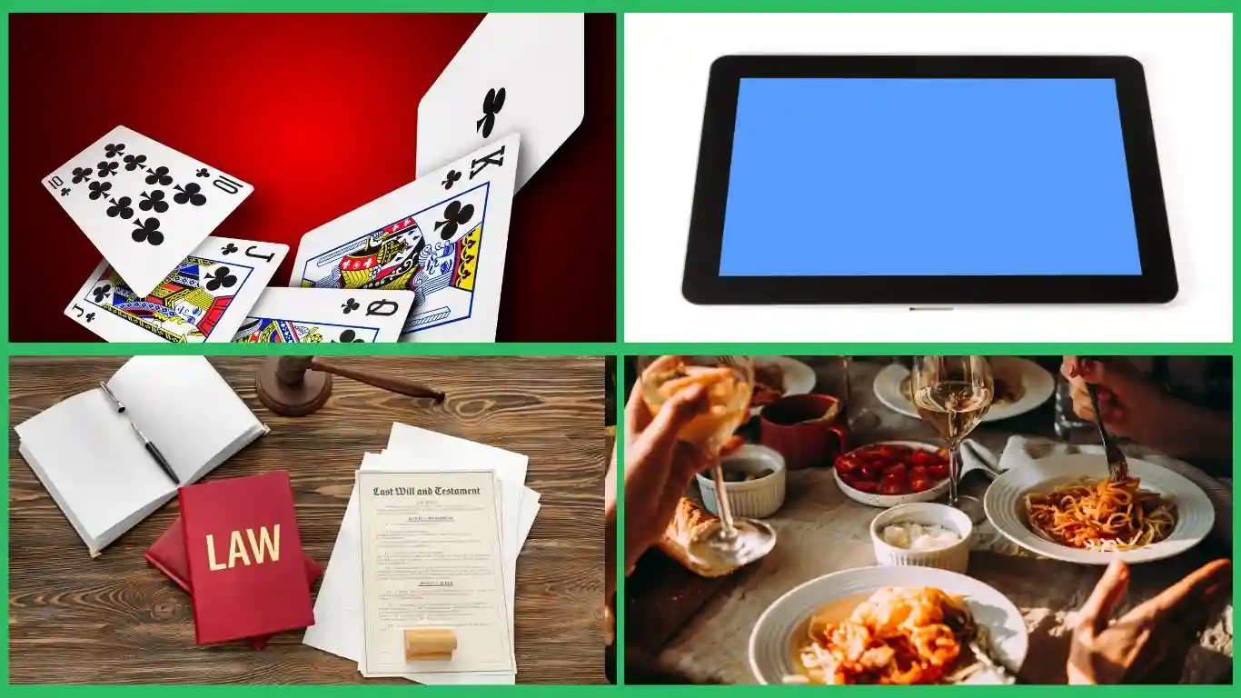 Playing cards scattered on a red background, a tablet with a blue screen, legal documents and law books on a wooden desk, and a group enjoying a meal with pasta and wine.