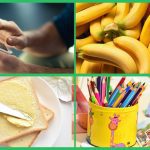 Hands using a smartphone, a bunch of ripe bananas, spreading butter on toast, and colorful pencils in a decorated container.
