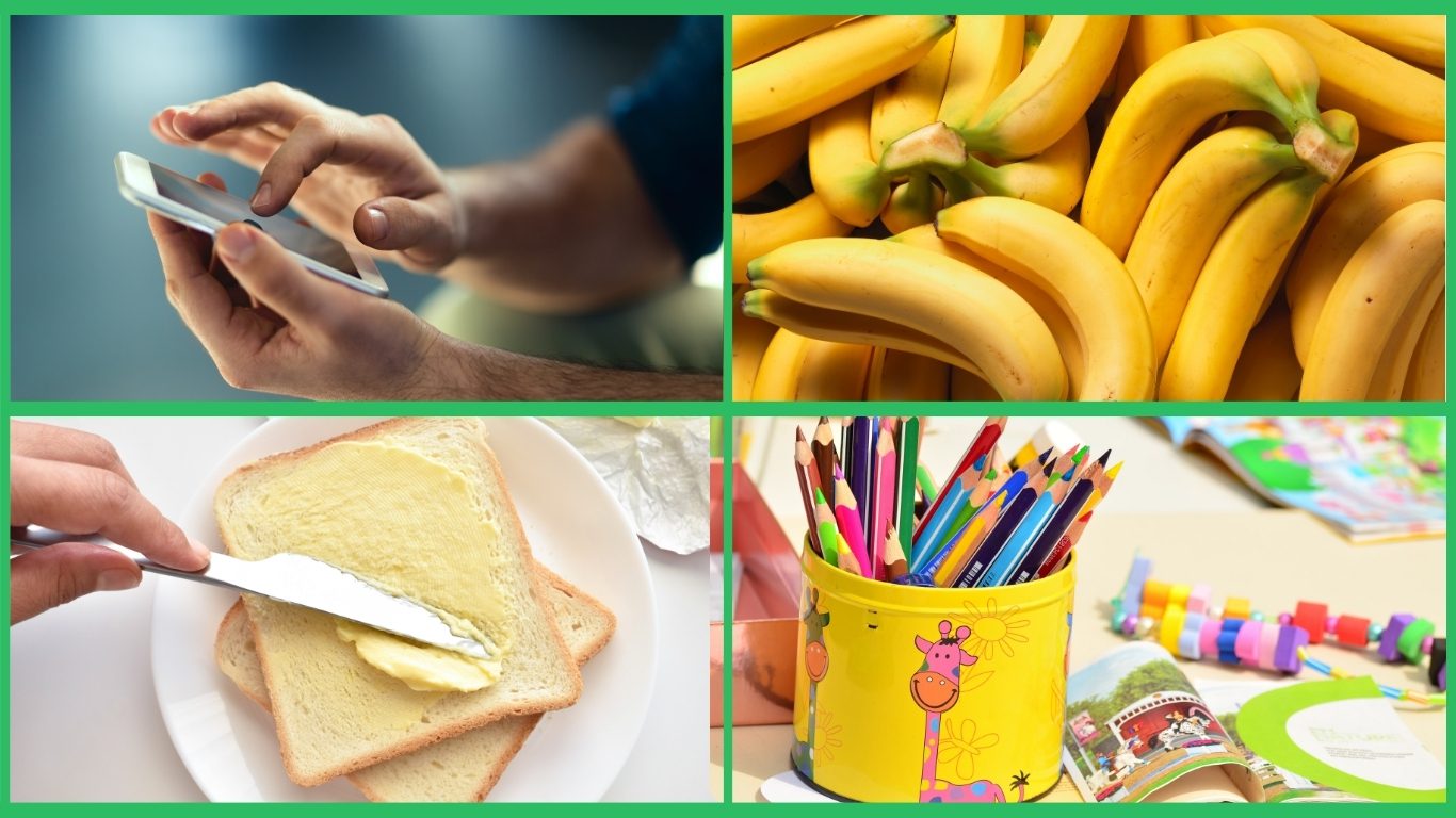 Hands using a smartphone, a bunch of ripe bananas, spreading butter on toast, and colorful pencils in a decorated container.