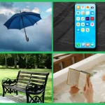 Blue umbrella floating under a dark stormy sky, smartphone displaying apps on a textured dark background, empty park bench in a lush green park with trees, and a person reading a book while relaxing in a foamy bathtub.