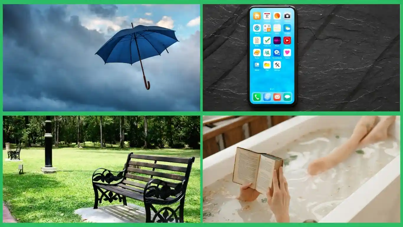 Blue umbrella floating under a dark stormy sky, smartphone displaying apps on a textured dark background, empty park bench in a lush green park with trees, and a person reading a book while relaxing in a foamy bathtub.