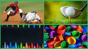 This image collage features four squares: a baseball game with a play at second base, a golf ball on a tee, colorful crayons pointing upwards, and a collection of plastic bottle caps in various colors, showcasing a mix of sports action and everyday items.