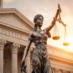 Lady Justice statue outside a courthouse, representing legal services and justice system