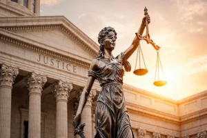 Lady Justice statue outside a courthouse, representing legal services and justice system