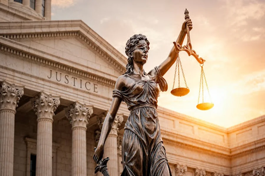 Lady Justice statue outside a courthouse, representing legal services and justice system