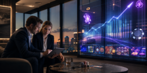 Business team reviewing iGaming investment growth data on a digital screen